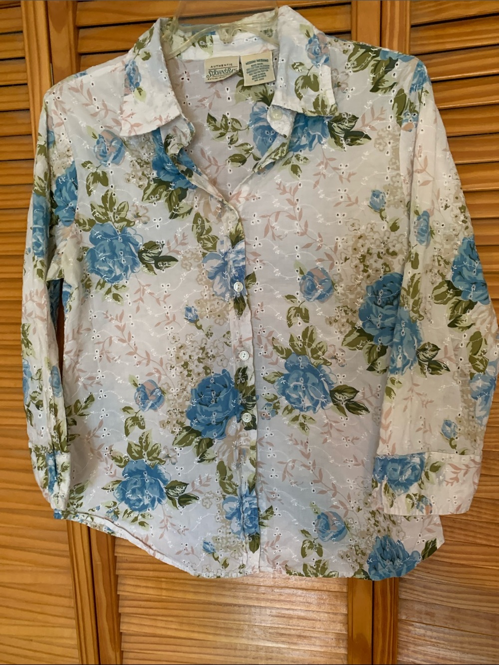 St. John's Bay White Eyelet Button-Down Shirt with Blue Floral Print